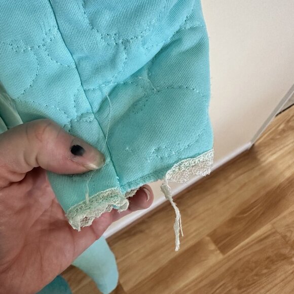 Vtg 1960s Aqua Blue Quilted Full Button Robe Lace Trim Peter Pan Collar Small - Picture 9 of 9